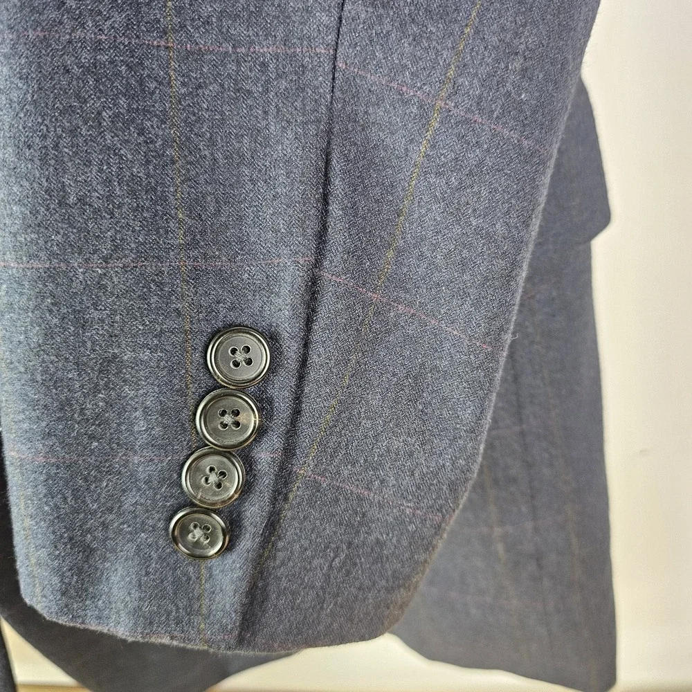 Hickey Freeman Men's Bespoke 100% Wool Blazer Navy‎ Blue Windowpane Plaid 46L